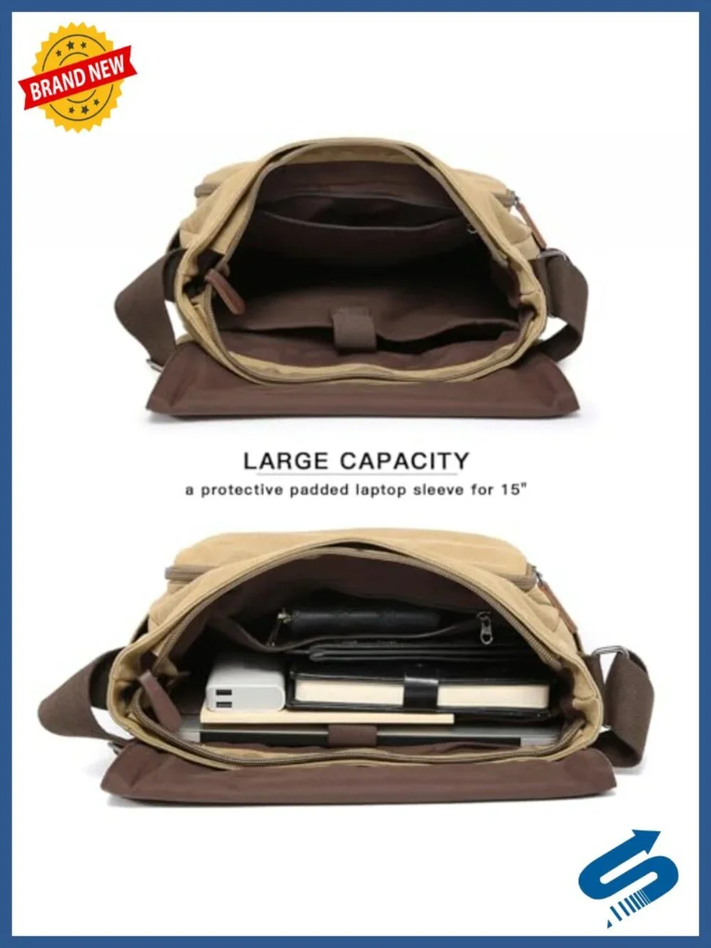 Vintage Canvas Messenger Bag for 15-Inch Laptop Travel Crossbody